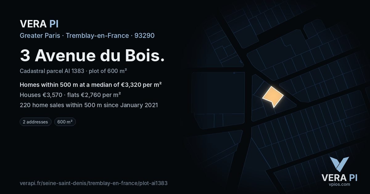 3 Avenue du Bois, Tremblay-en-France at night – the plot lit, the parcels around coloured by the prices near them