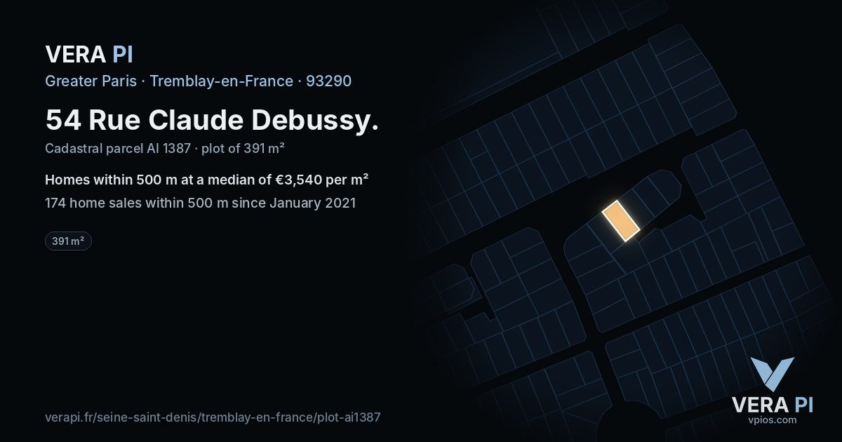 54 Rue Claude Debussy, Tremblay-en-France at night – the plot lit, the parcels around coloured by the prices near them