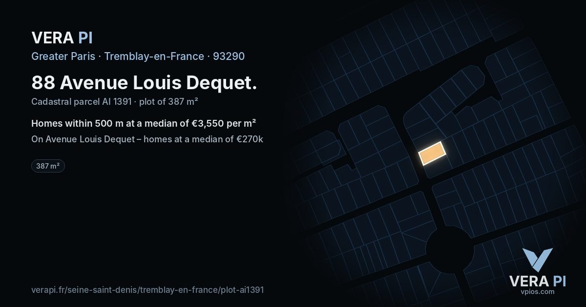 88 Avenue Louis Dequet, Tremblay-en-France at night – the plot lit, the parcels around coloured by the prices near them