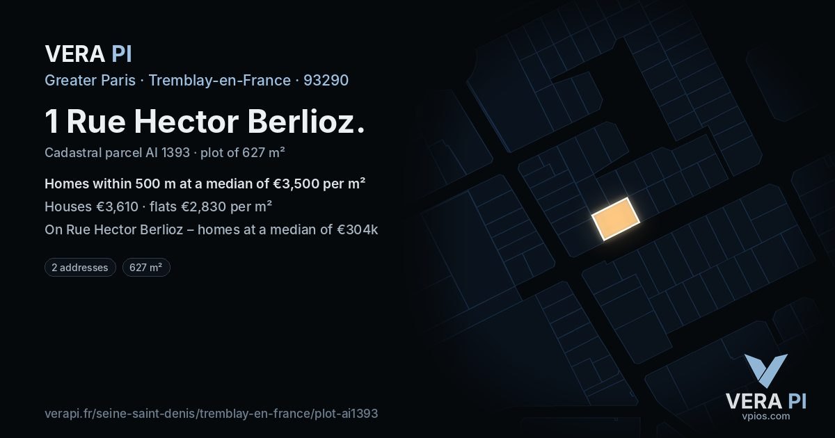1 Rue Hector Berlioz, Tremblay-en-France at night – the plot lit, the parcels around coloured by the prices near them