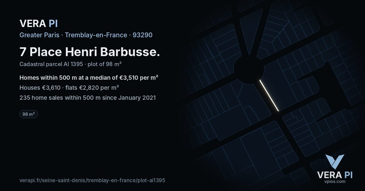 7 Place Henri Barbusse, Tremblay-en-France at night – the plot lit, the parcels around coloured by the prices near them