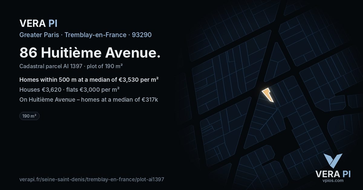 86 Huitième Avenue, Tremblay-en-France at night – the plot lit, the parcels around coloured by the prices near them