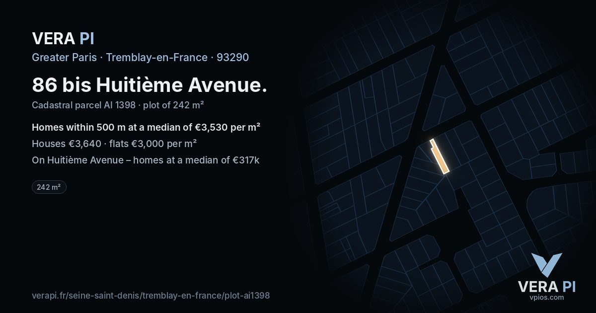 86 bis Huitième Avenue, Tremblay-en-France at night – the plot lit, the parcels around coloured by the prices near them