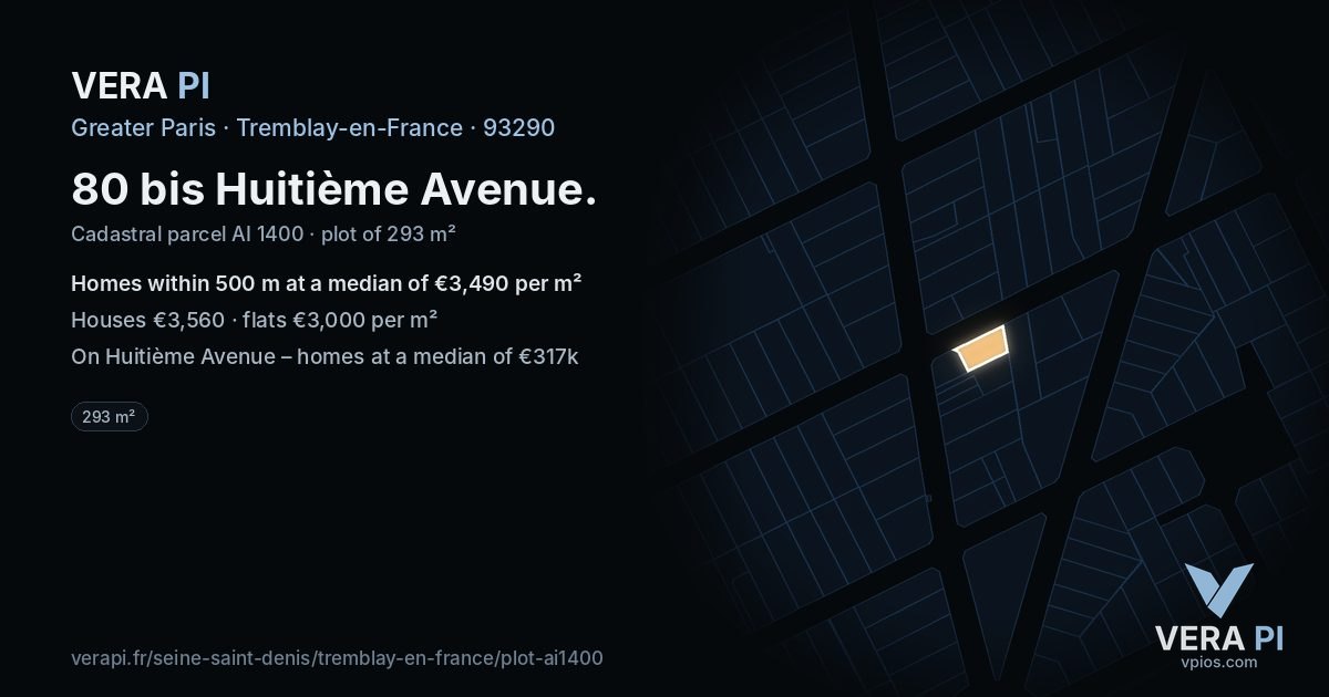 80 bis Huitième Avenue, Tremblay-en-France at night – the plot lit, the parcels around coloured by the prices near them