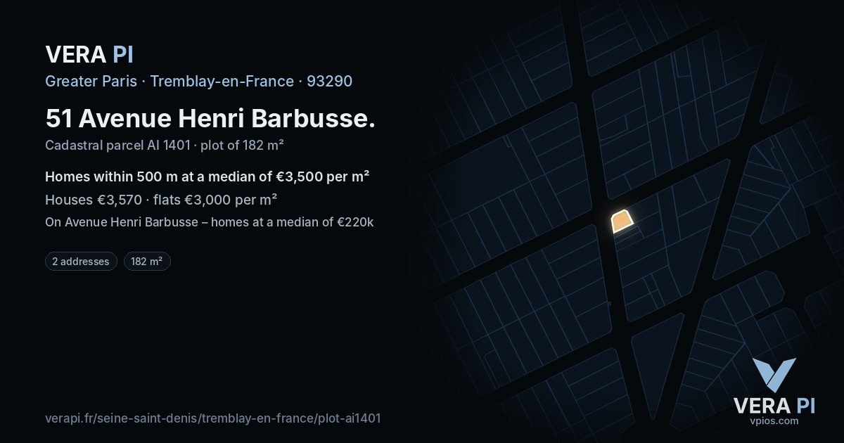 51 Avenue Henri Barbusse, Tremblay-en-France at night – the plot lit, the parcels around coloured by the prices near them