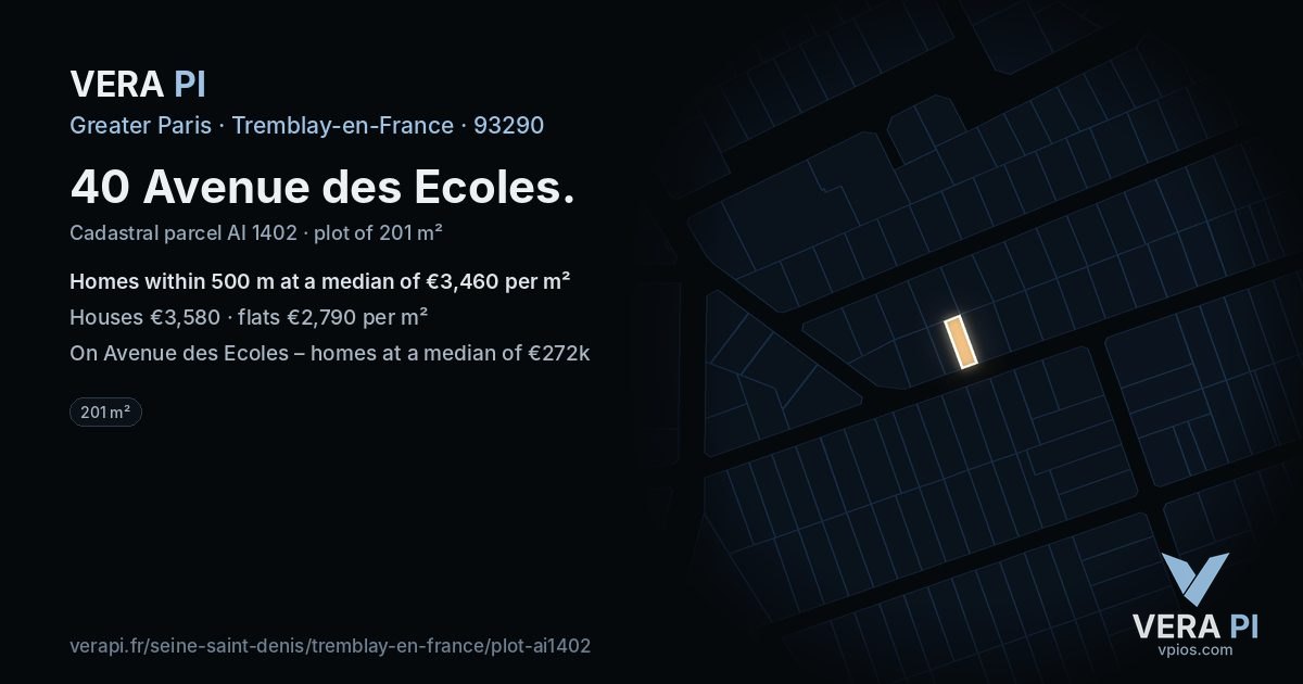 40 Avenue des Ecoles, Tremblay-en-France at night – the plot lit, the parcels around coloured by the prices near them
