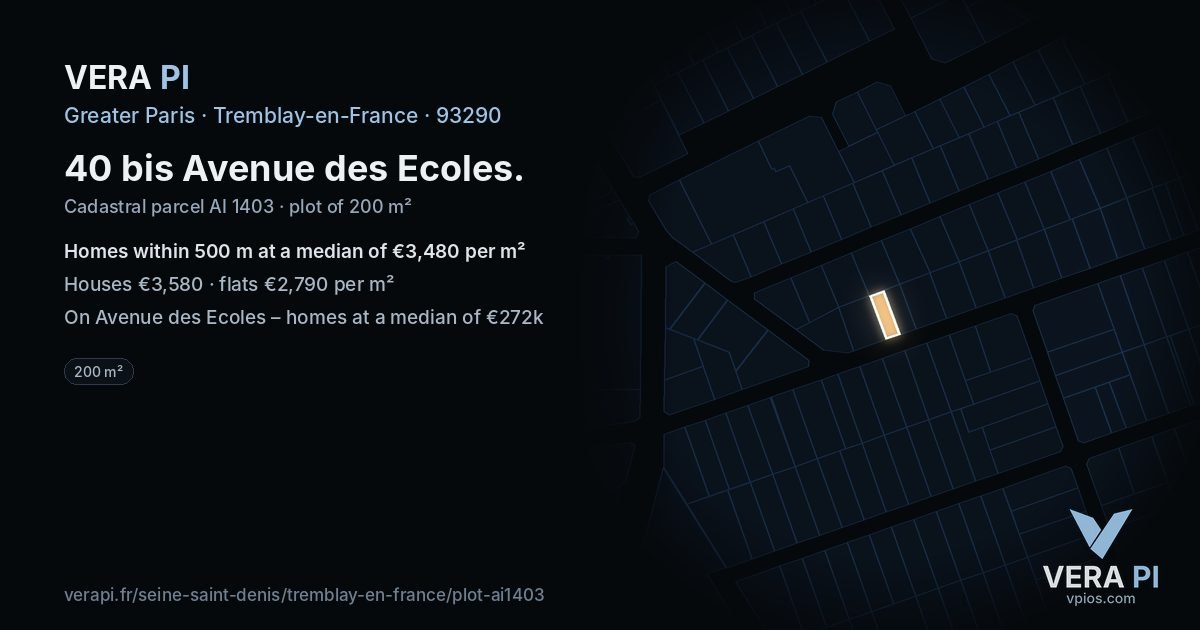 40 bis Avenue des Ecoles, Tremblay-en-France at night – the plot lit, the parcels around coloured by the prices near them