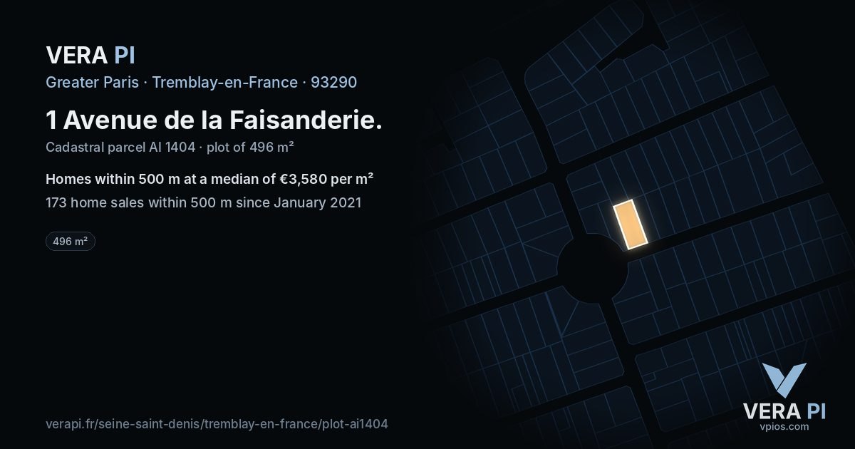 1 Avenue de la Faisanderie, Tremblay-en-France at night – the plot lit, the parcels around coloured by the prices near them