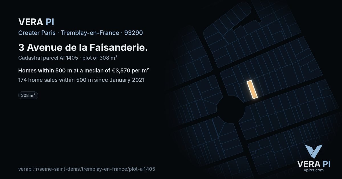 3 Avenue de la Faisanderie, Tremblay-en-France at night – the plot lit, the parcels around coloured by the prices near them
