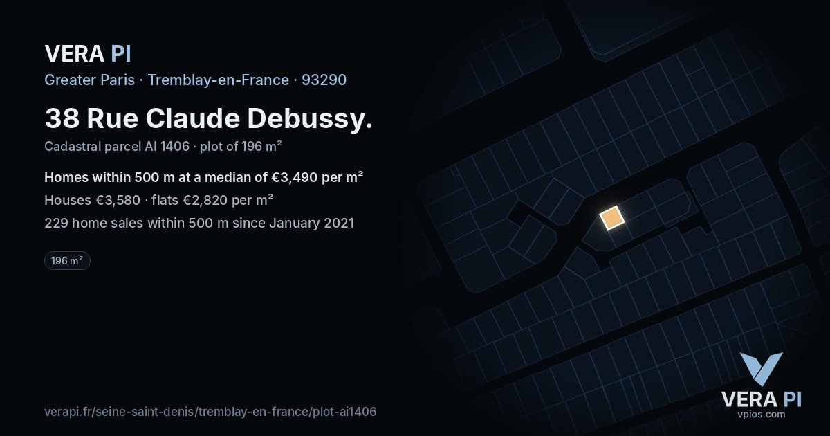 38 Rue Claude Debussy, Tremblay-en-France at night – the plot lit, the parcels around coloured by the prices near them