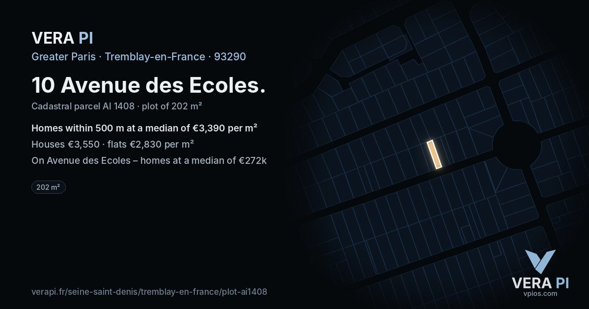 10 Avenue des Ecoles, Tremblay-en-France at night – the plot lit, the parcels around coloured by the prices near them
