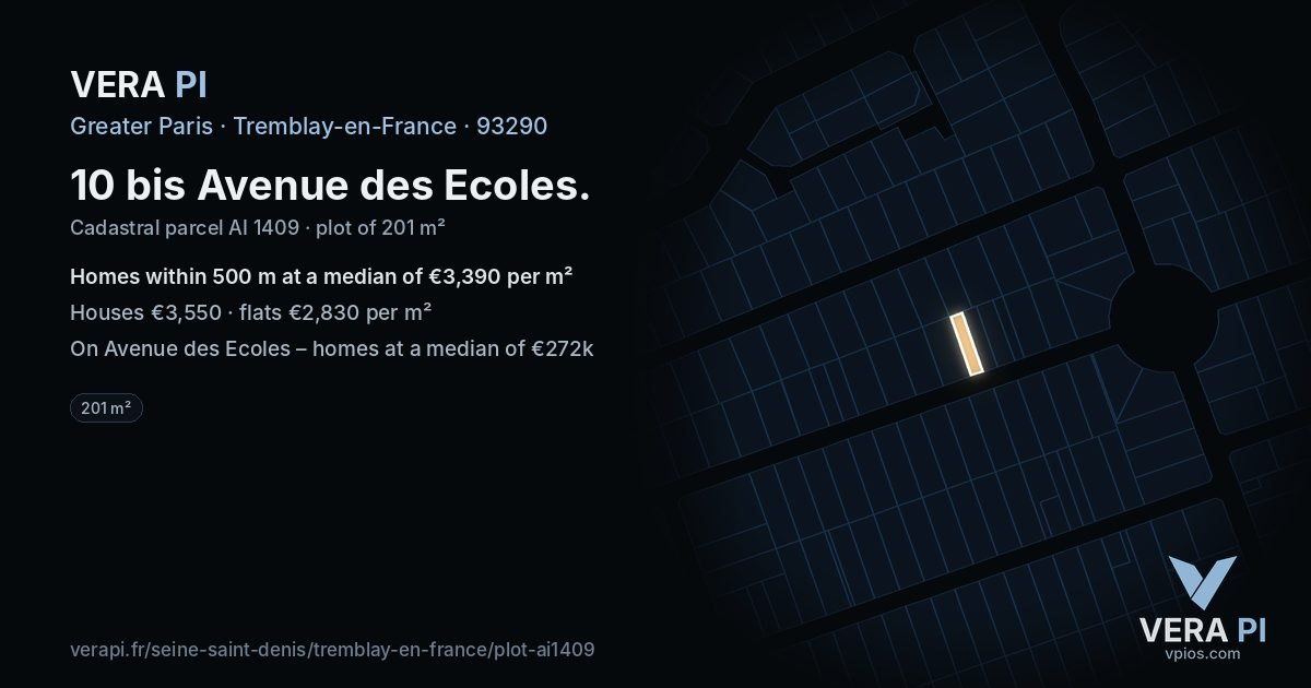10 bis Avenue des Ecoles, Tremblay-en-France at night – the plot lit, the parcels around coloured by the prices near them