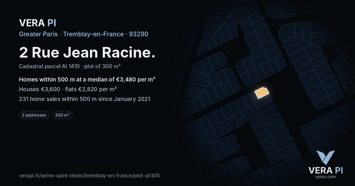 2 Rue Jean Racine, Tremblay-en-France at night – the plot lit, the parcels around coloured by the prices near them