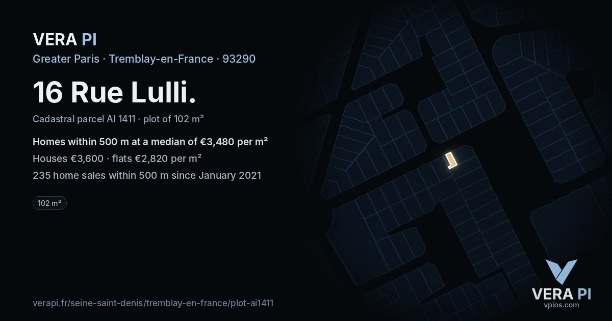 16 Rue Lulli, Tremblay-en-France at night – the plot lit, the parcels around coloured by the prices near them