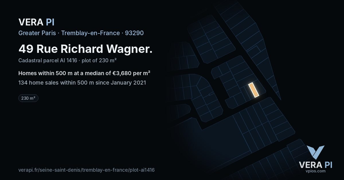 49 Rue Richard Wagner, Tremblay-en-France at night – the plot lit, the parcels around coloured by the prices near them