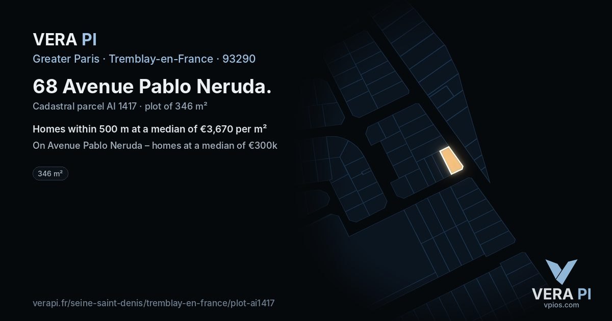 68 Avenue Pablo Neruda, Tremblay-en-France at night – the plot lit, the parcels around coloured by the prices near them