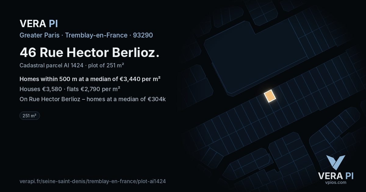 46 Rue Hector Berlioz, Tremblay-en-France at night – the plot lit, the parcels around coloured by the prices near them