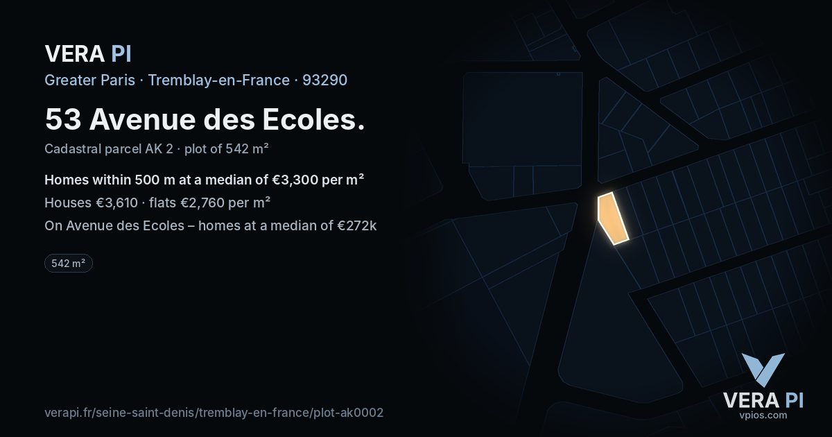 53 Avenue des Ecoles, Tremblay-en-France at night – the plot lit, the parcels around coloured by the prices near them
