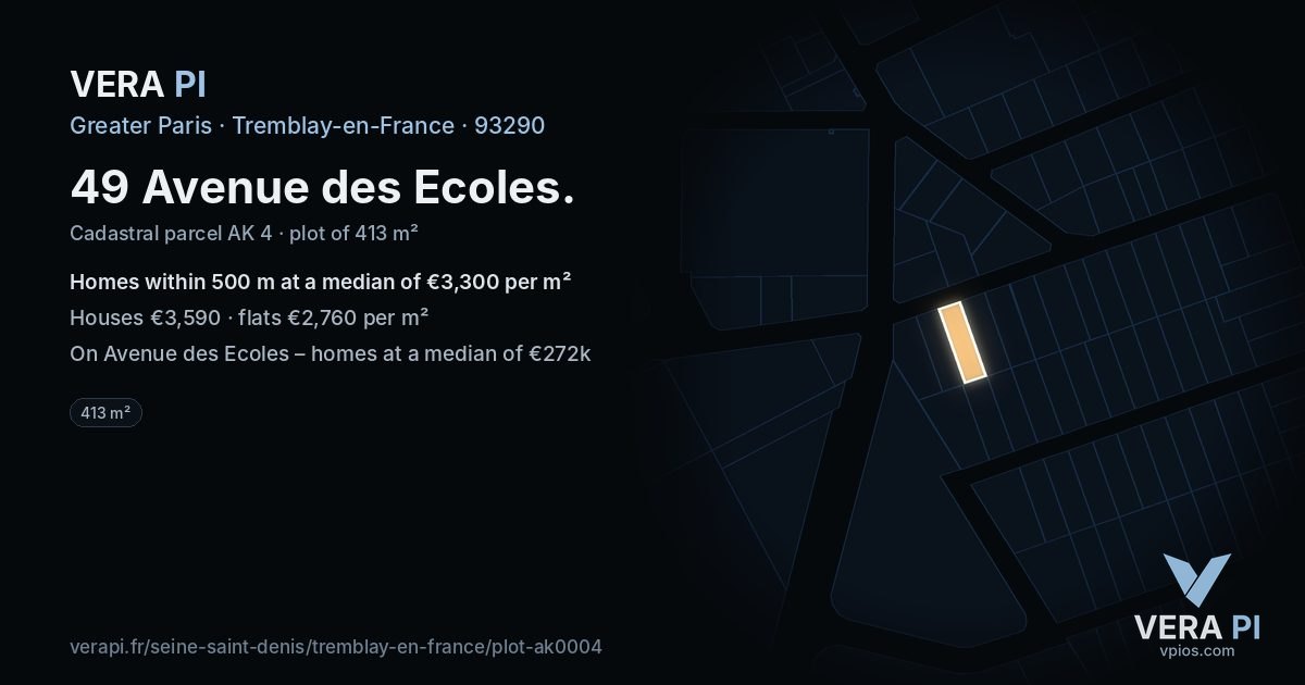 49 Avenue des Ecoles, Tremblay-en-France at night – the plot lit, the parcels around coloured by the prices near them