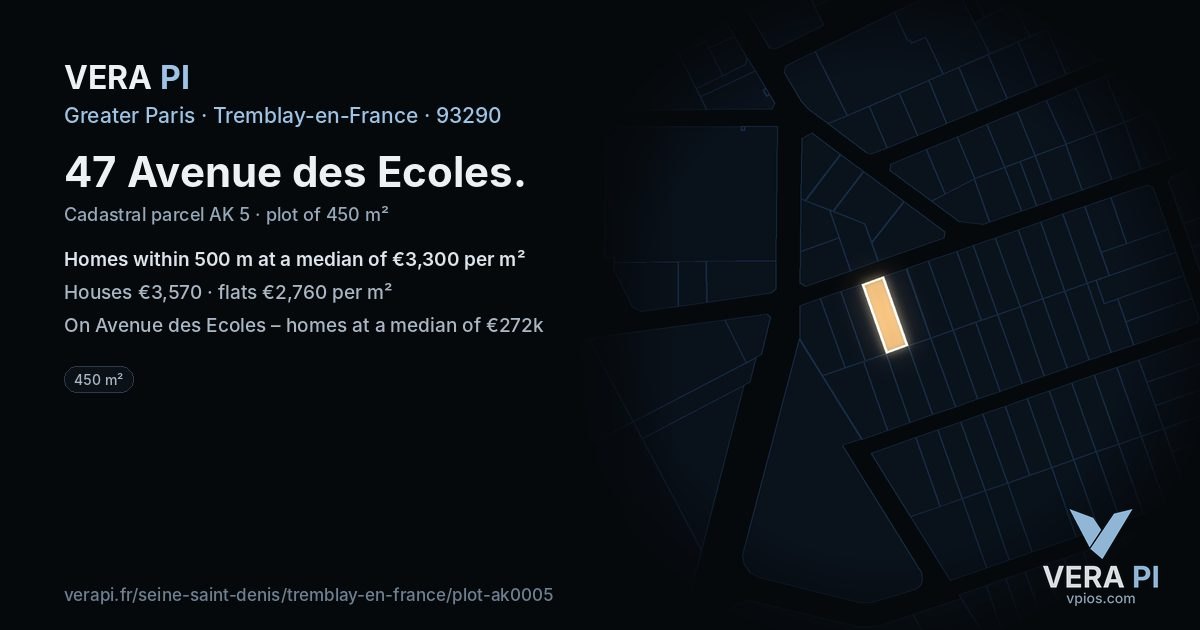 47 Avenue des Ecoles, Tremblay-en-France at night – the plot lit, the parcels around coloured by the prices near them