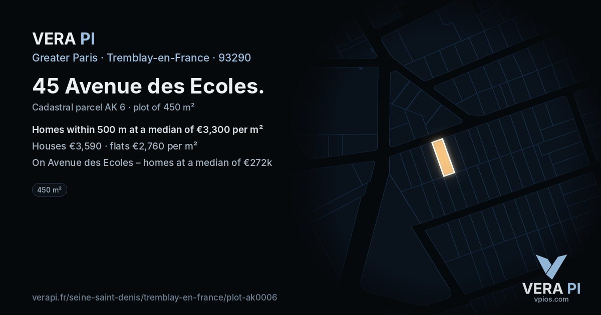 45 Avenue des Ecoles, Tremblay-en-France at night – the plot lit, the parcels around coloured by the prices near them