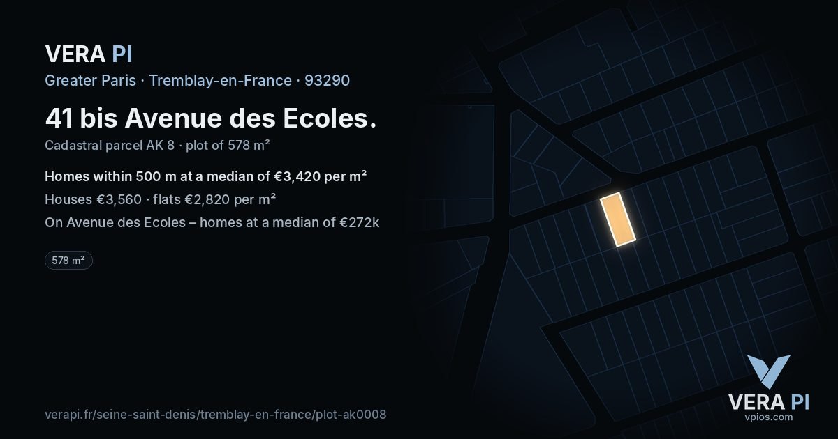 41 bis Avenue des Ecoles, Tremblay-en-France at night – the plot lit, the parcels around coloured by the prices near them