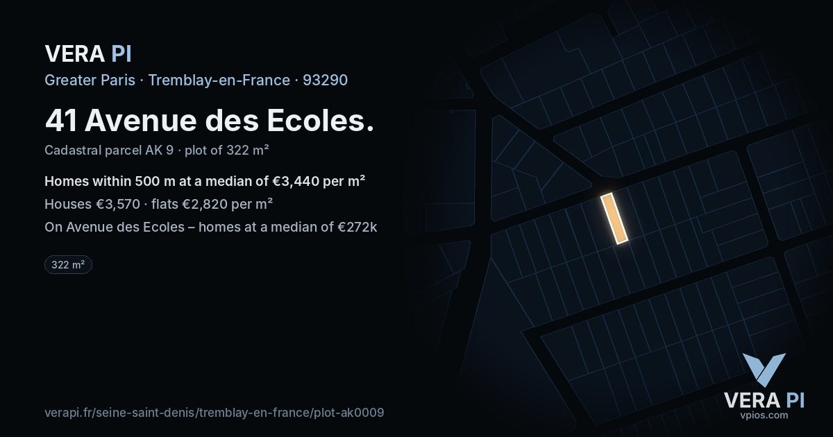 41 Avenue des Ecoles, Tremblay-en-France at night – the plot lit, the parcels around coloured by the prices near them