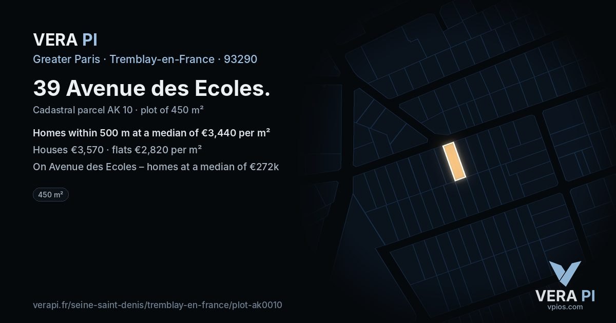 39 Avenue des Ecoles, Tremblay-en-France at night – the plot lit, the parcels around coloured by the prices near them