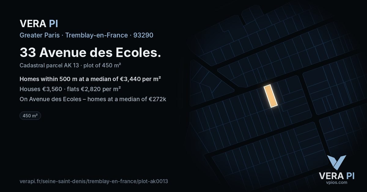 33 Avenue des Ecoles, Tremblay-en-France at night – the plot lit, the parcels around coloured by the prices near them