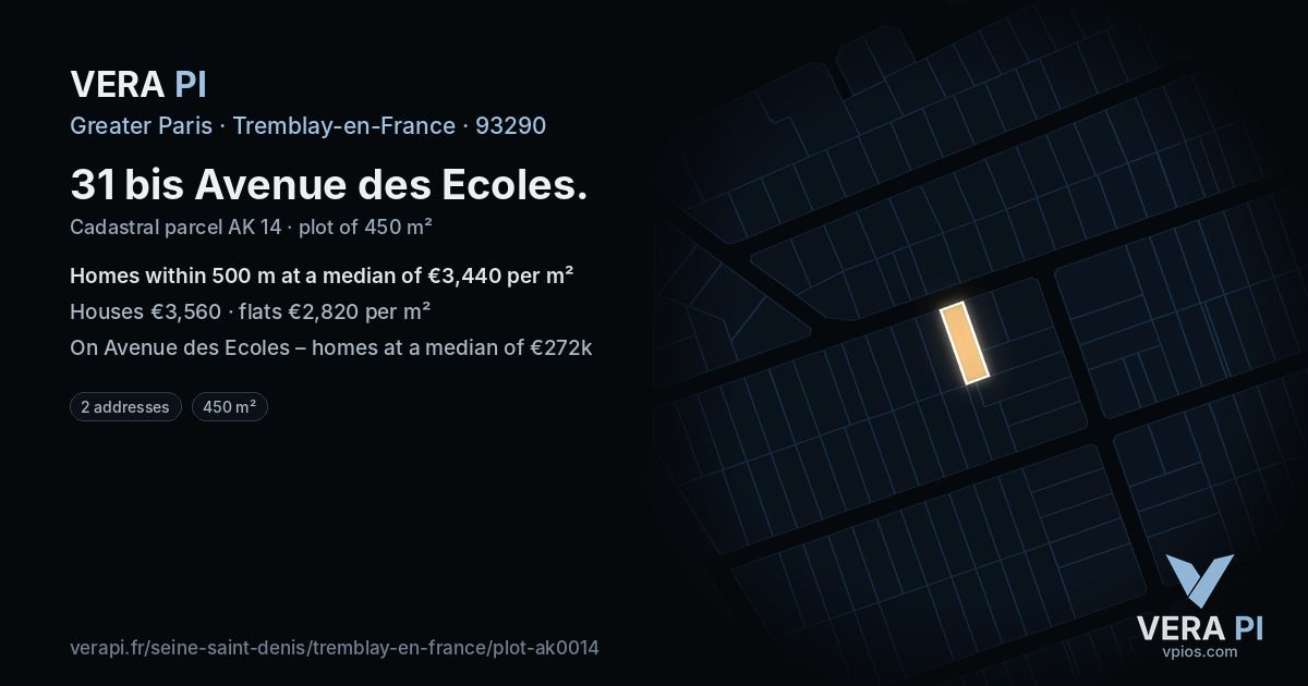 31 bis Avenue des Ecoles, Tremblay-en-France at night – the plot lit, the parcels around coloured by the prices near them