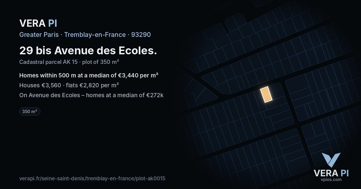 29 bis Avenue des Ecoles, Tremblay-en-France at night – the plot lit, the parcels around coloured by the prices near them