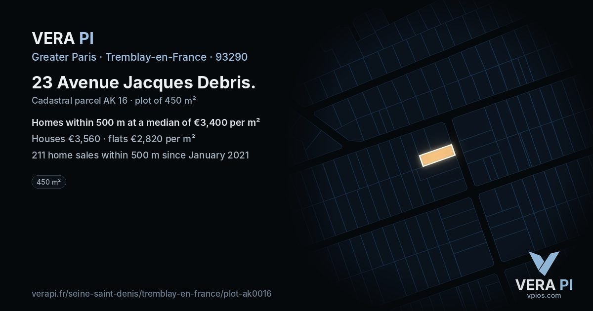 23 Avenue Jacques Debris, Tremblay-en-France at night – the plot lit, the parcels around coloured by the prices near them