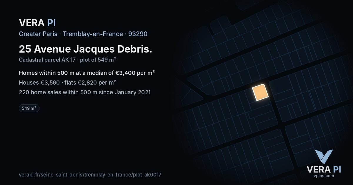25 Avenue Jacques Debris, Tremblay-en-France at night – the plot lit, the parcels around coloured by the prices near them