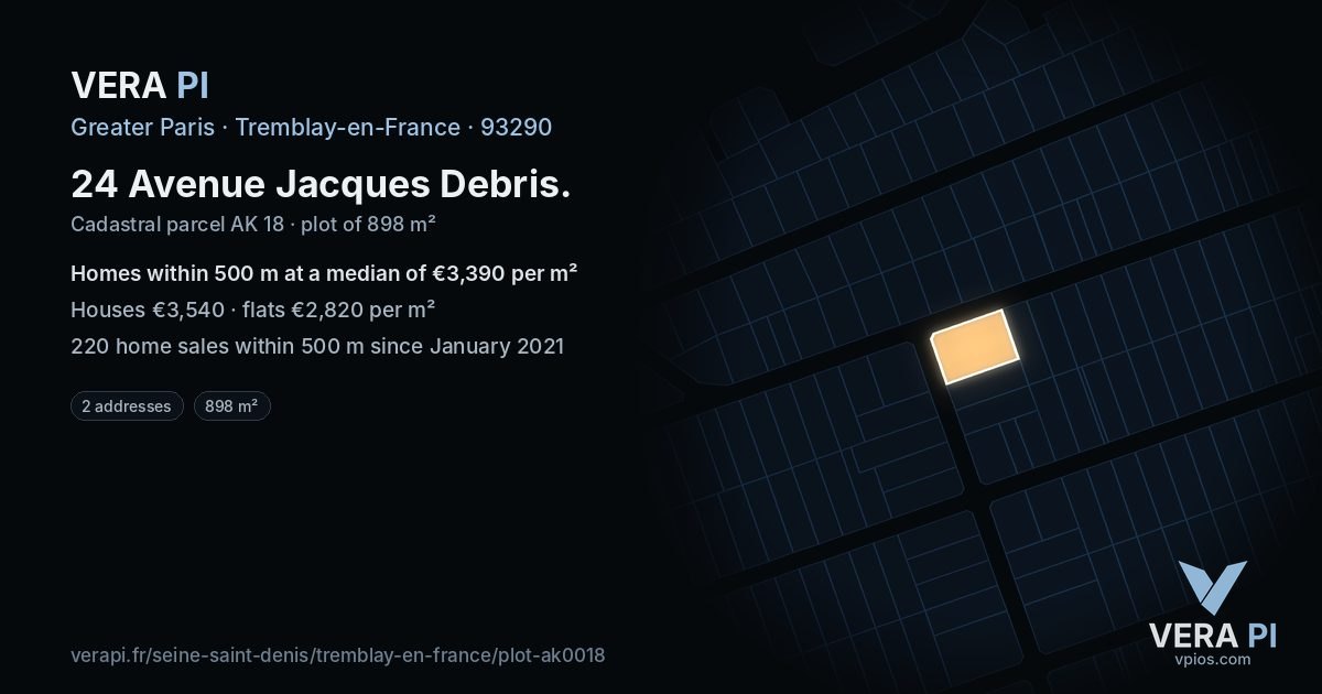 24 Avenue Jacques Debris, Tremblay-en-France at night – the plot lit, the parcels around coloured by the prices near them