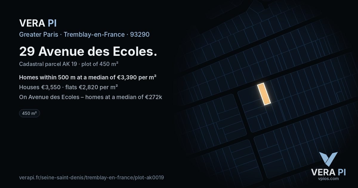 29 Avenue des Ecoles, Tremblay-en-France at night – the plot lit, the parcels around coloured by the prices near them