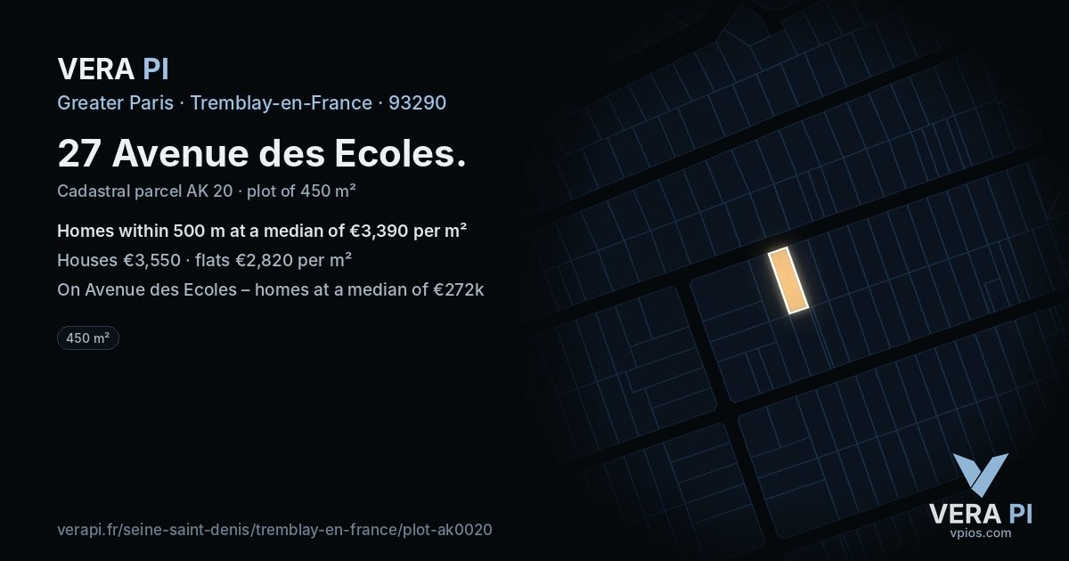 27 Avenue des Ecoles, Tremblay-en-France at night – the plot lit, the parcels around coloured by the prices near them