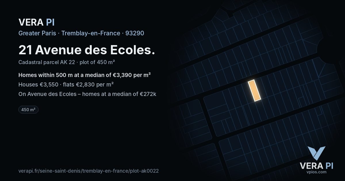 21 Avenue des Ecoles, Tremblay-en-France at night – the plot lit, the parcels around coloured by the prices near them