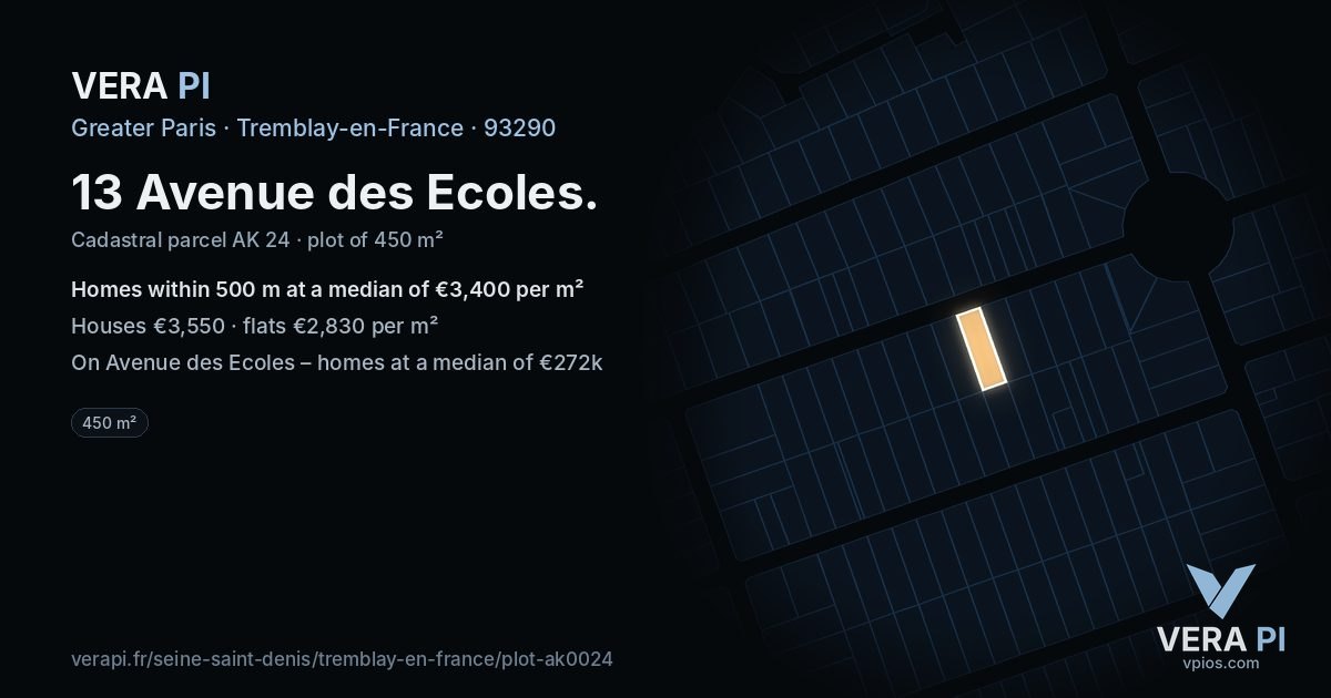 13 Avenue des Ecoles, Tremblay-en-France at night – the plot lit, the parcels around coloured by the prices near them