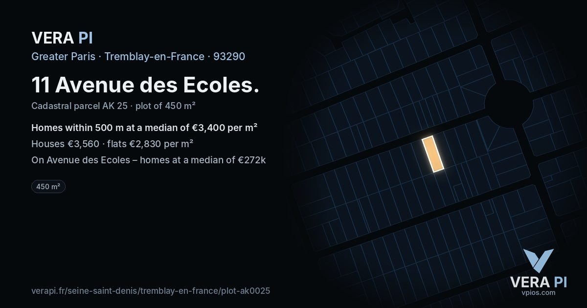 11 Avenue des Ecoles, Tremblay-en-France at night – the plot lit, the parcels around coloured by the prices near them