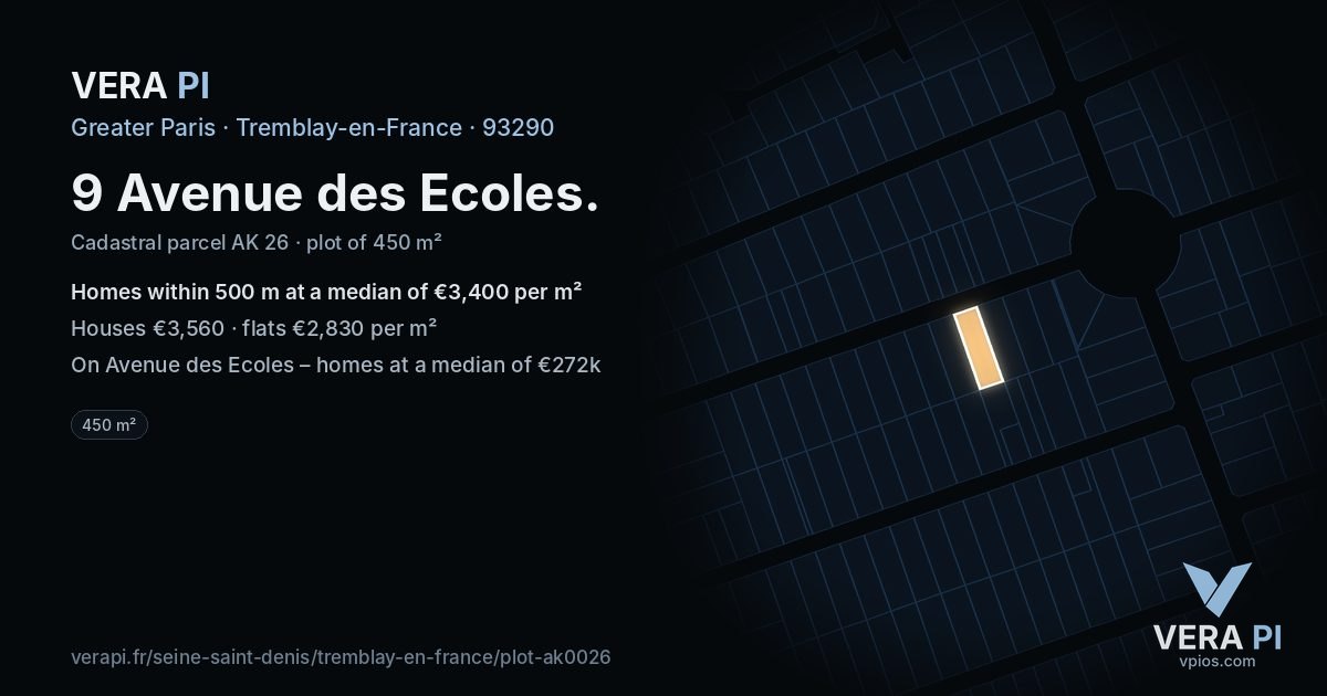9 Avenue des Ecoles, Tremblay-en-France at night – the plot lit, the parcels around coloured by the prices near them