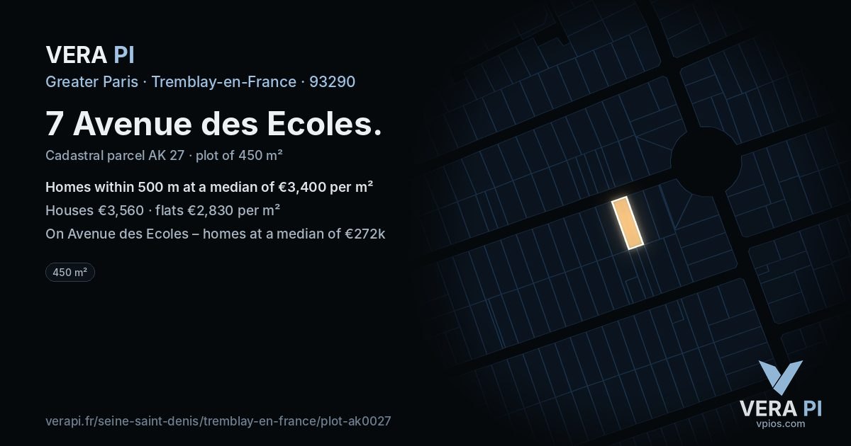 7 Avenue des Ecoles, Tremblay-en-France at night – the plot lit, the parcels around coloured by the prices near them