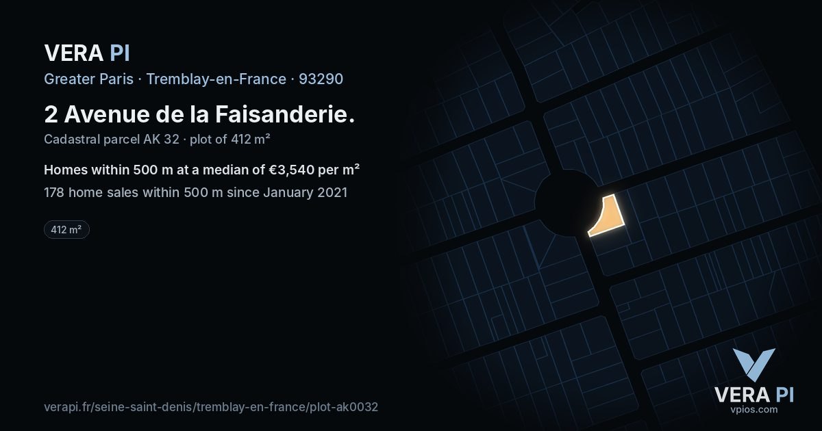 2 Avenue de la Faisanderie, Tremblay-en-France at night – the plot lit, the parcels around coloured by the prices near them