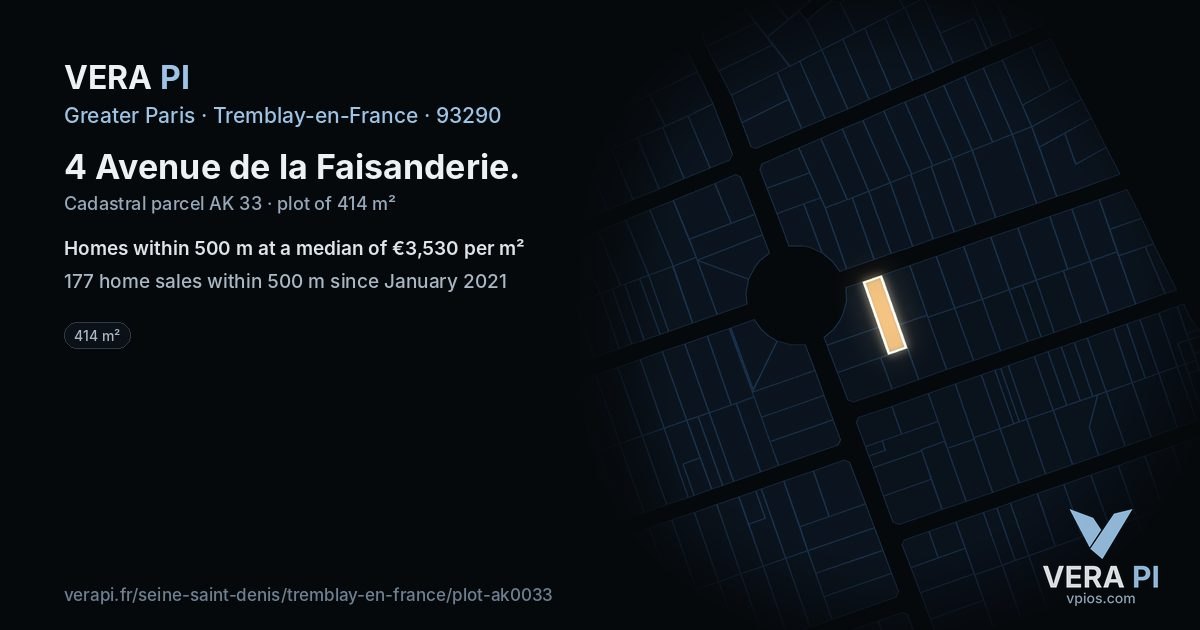 4 Avenue de la Faisanderie, Tremblay-en-France at night – the plot lit, the parcels around coloured by the prices near them