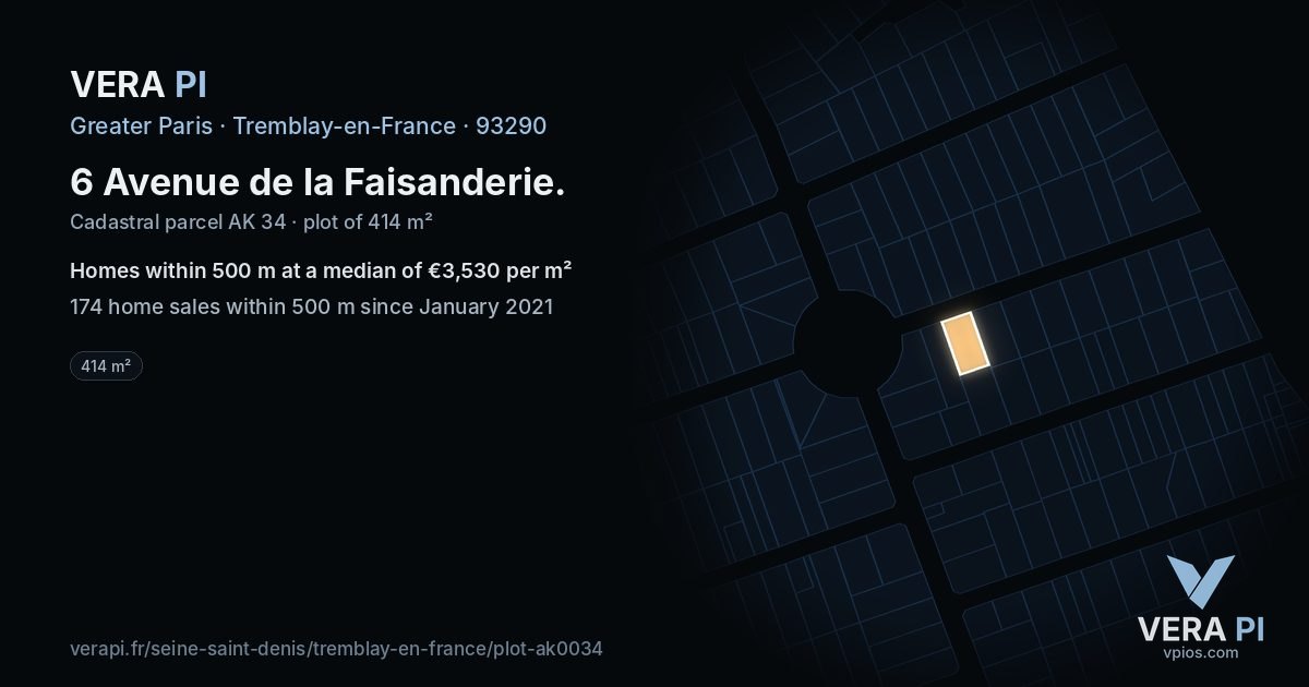 6 Avenue de la Faisanderie, Tremblay-en-France at night – the plot lit, the parcels around coloured by the prices near them