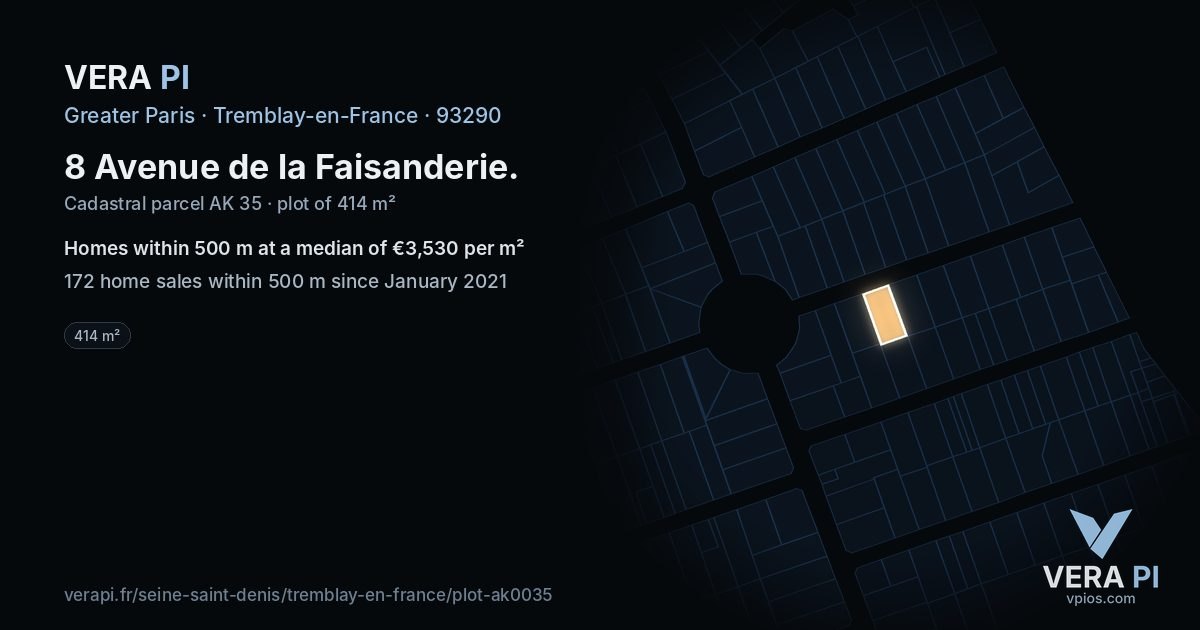 8 Avenue de la Faisanderie, Tremblay-en-France at night – the plot lit, the parcels around coloured by the prices near them