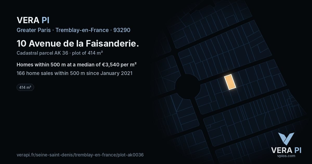 10 Avenue de la Faisanderie, Tremblay-en-France at night – the plot lit, the parcels around coloured by the prices near them