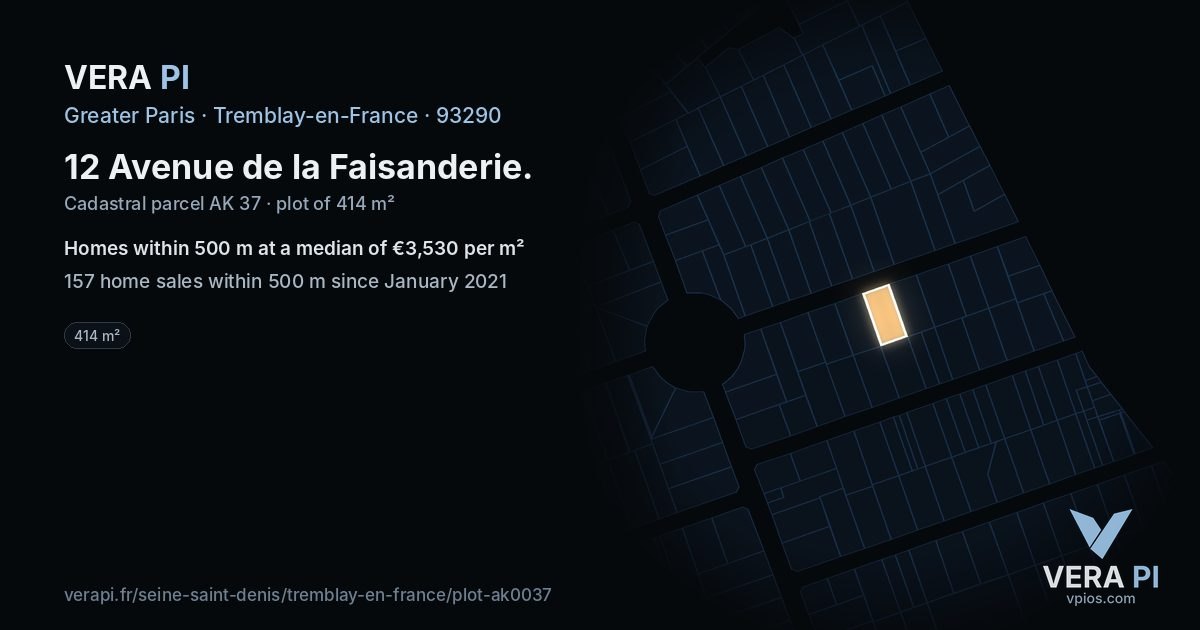 12 Avenue de la Faisanderie, Tremblay-en-France at night – the plot lit, the parcels around coloured by the prices near them