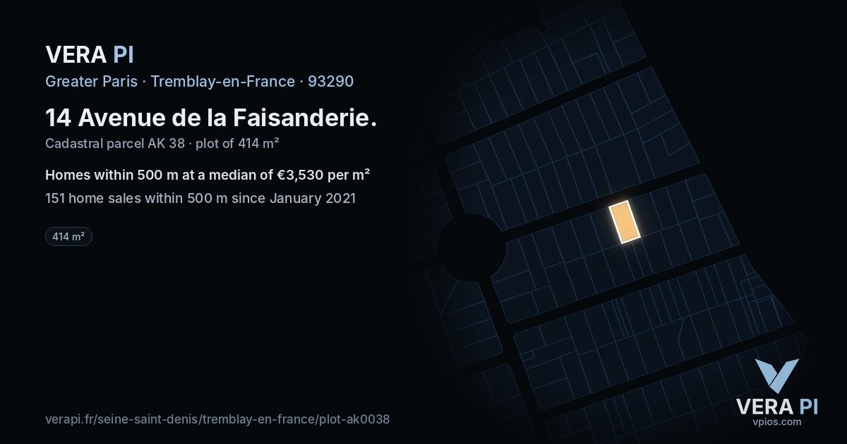 14 Avenue de la Faisanderie, Tremblay-en-France at night – the plot lit, the parcels around coloured by the prices near them