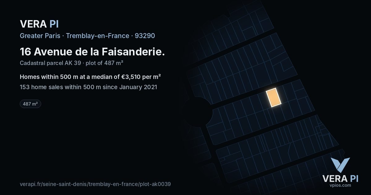 16 Avenue de la Faisanderie, Tremblay-en-France at night – the plot lit, the parcels around coloured by the prices near them