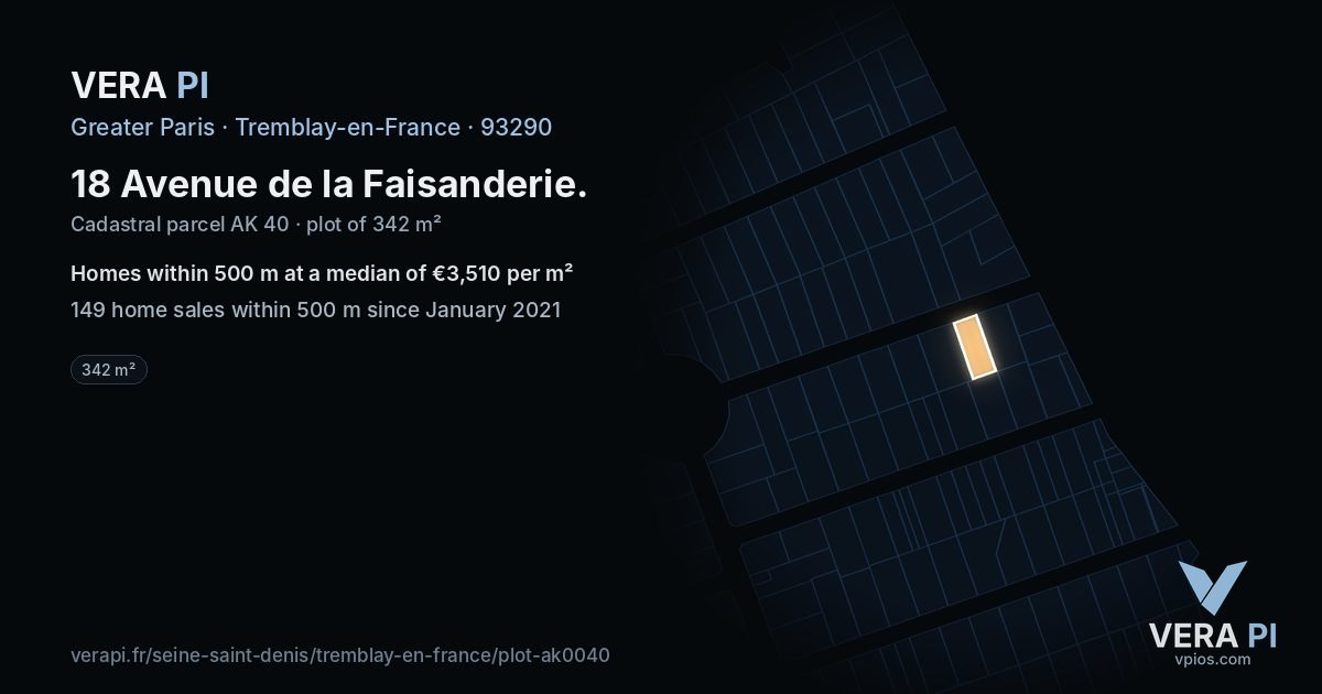 18 Avenue de la Faisanderie, Tremblay-en-France at night – the plot lit, the parcels around coloured by the prices near them
